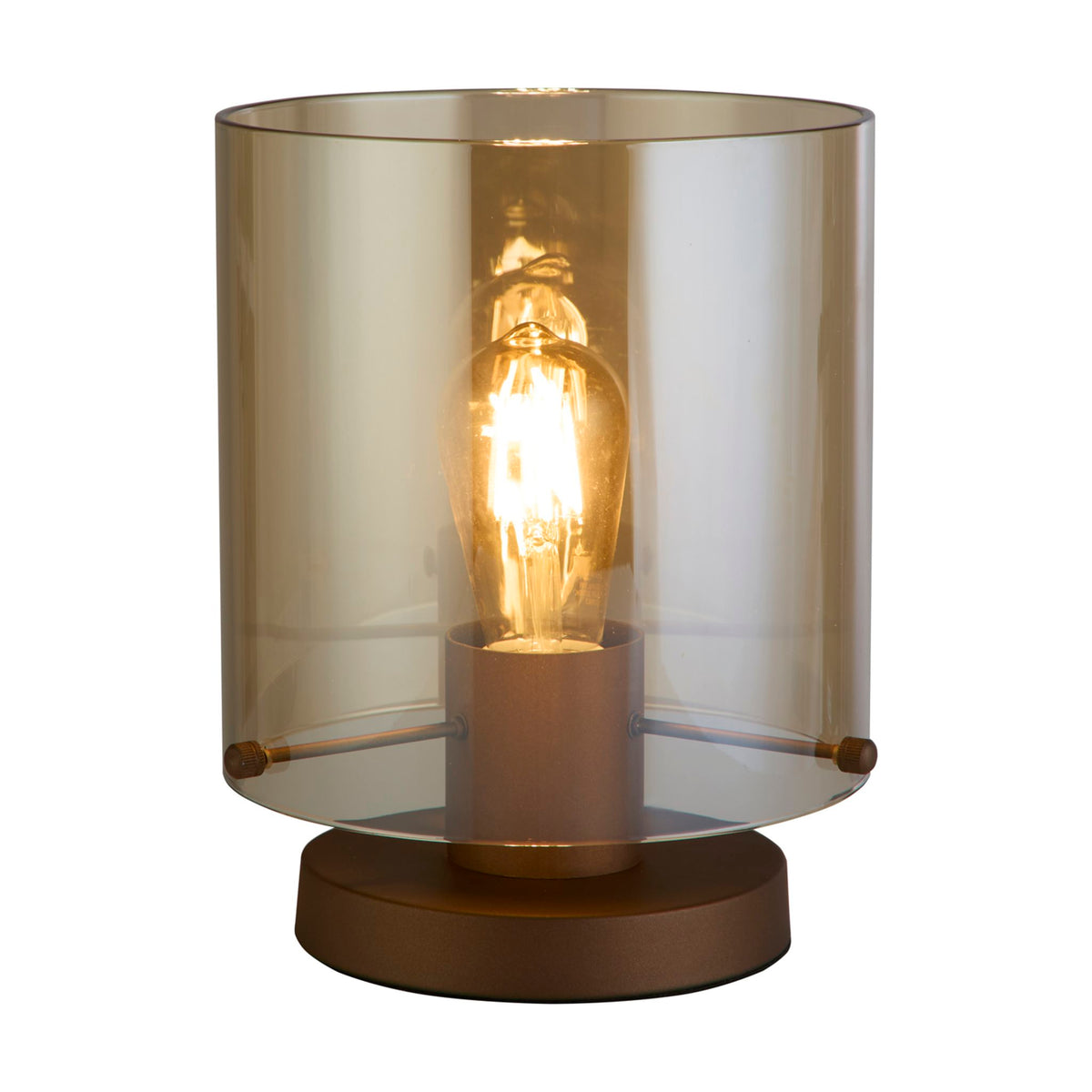 Sweden table lamp lit, mocha metal base with amber glass cylinder and filament bulb