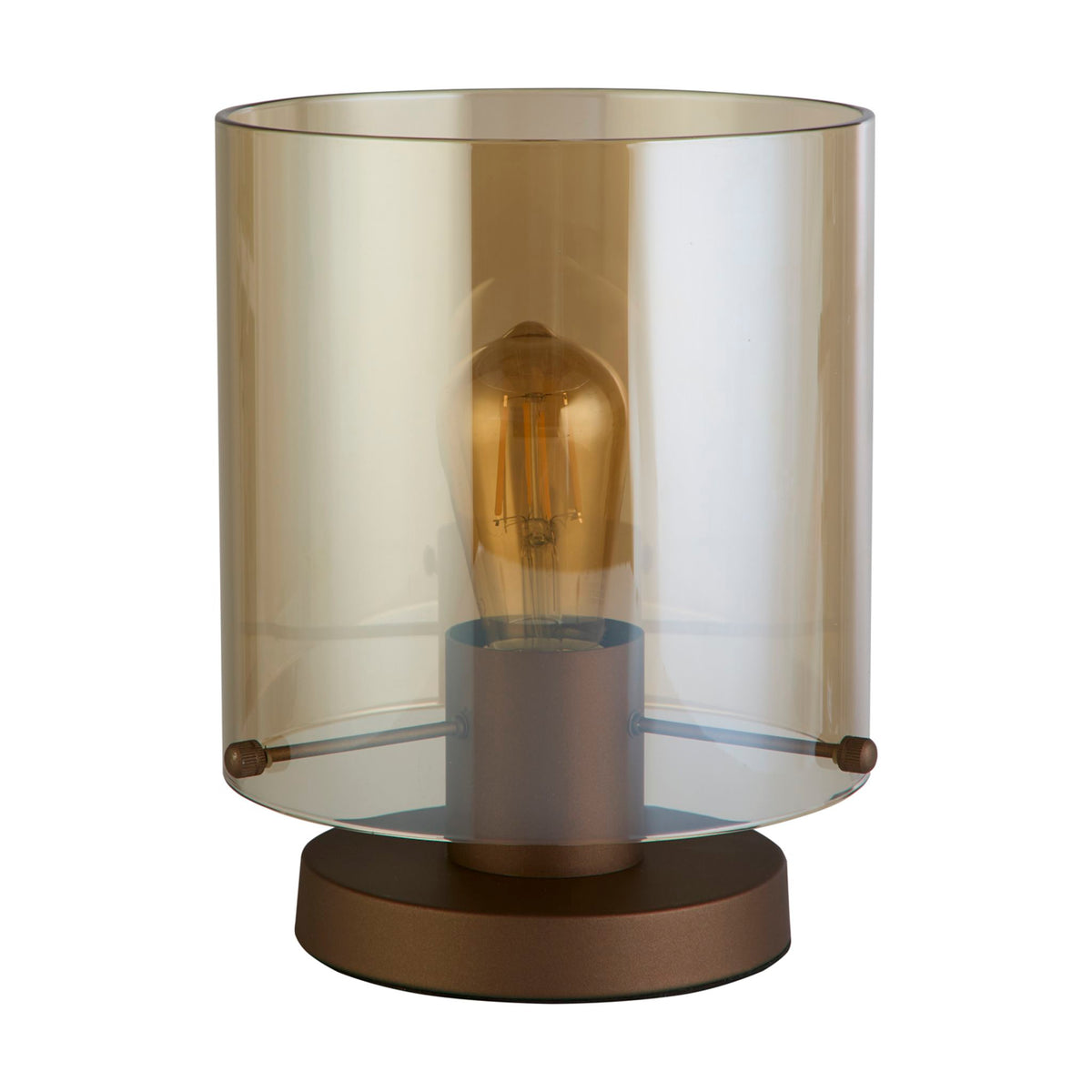 Sweden mocha metal table lamp unlit on white with clear amber glass cylinder shade