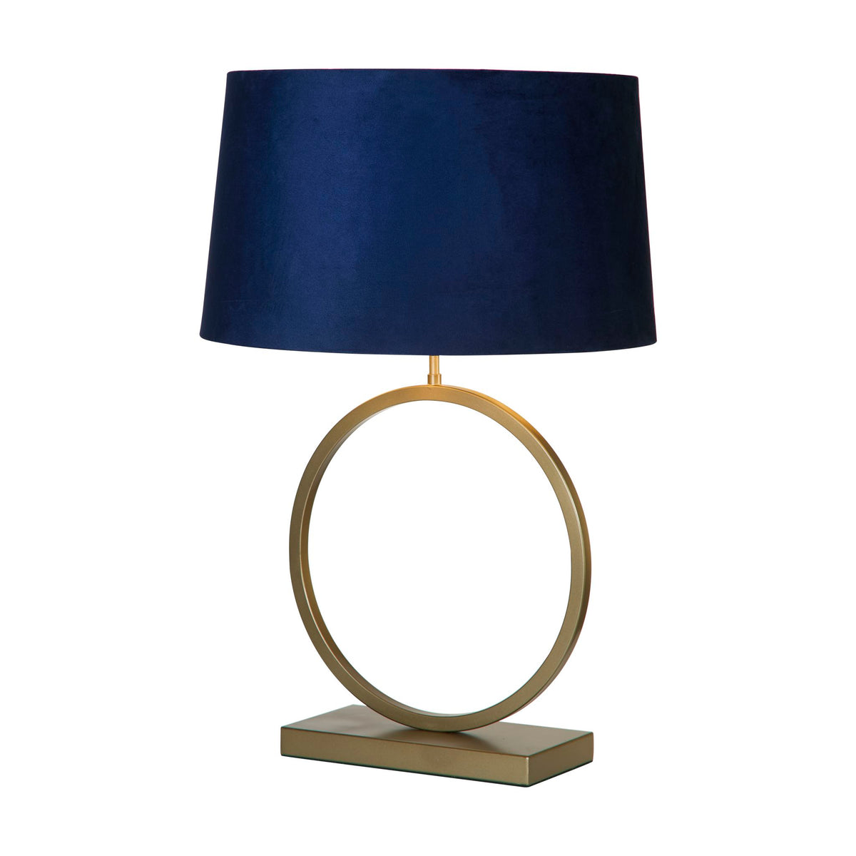 Elegant bronze table lamp with open ring base and lit navy velvet tapered shade