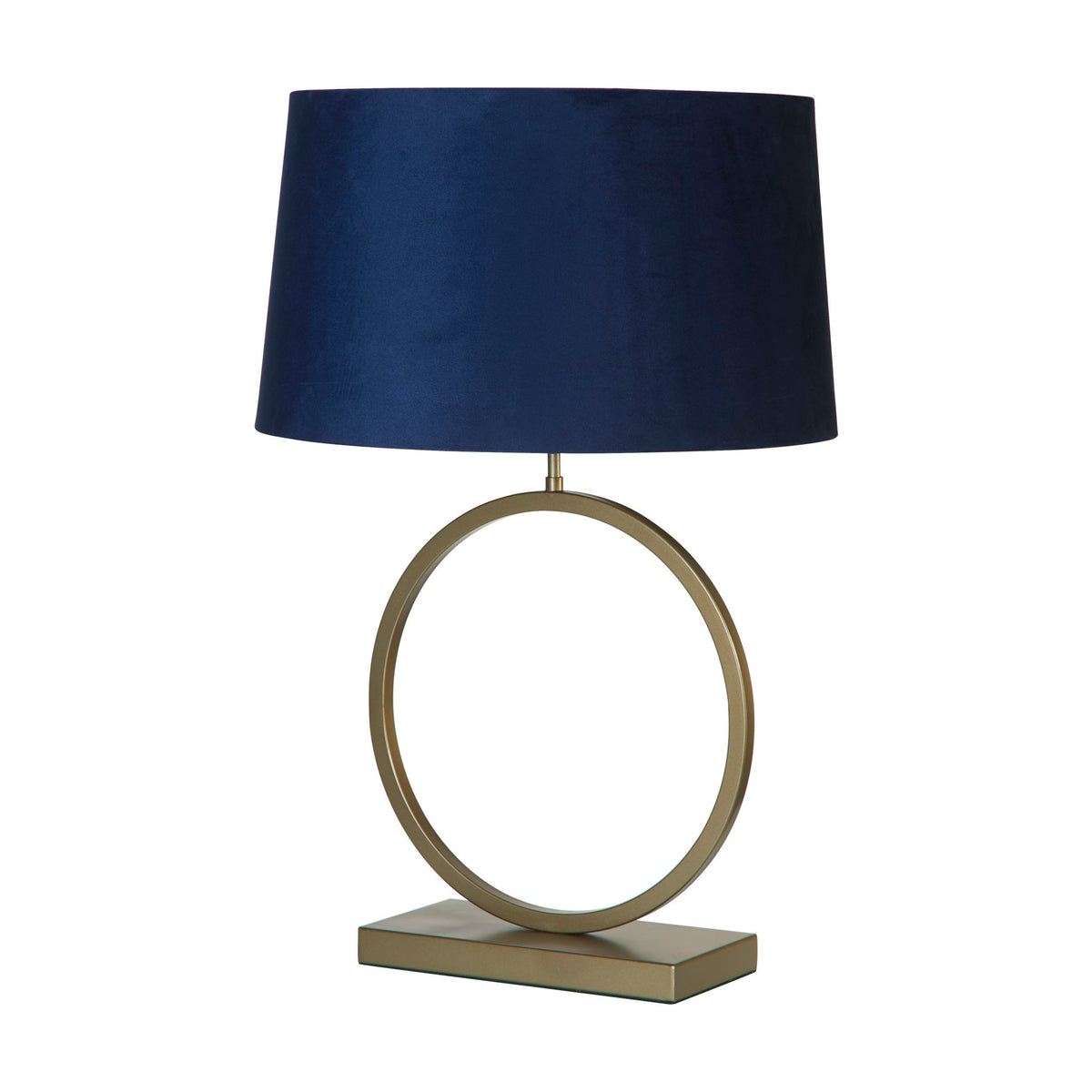 Elegant bronze ring table lamp unlit on a white studio background with navy velvet shade