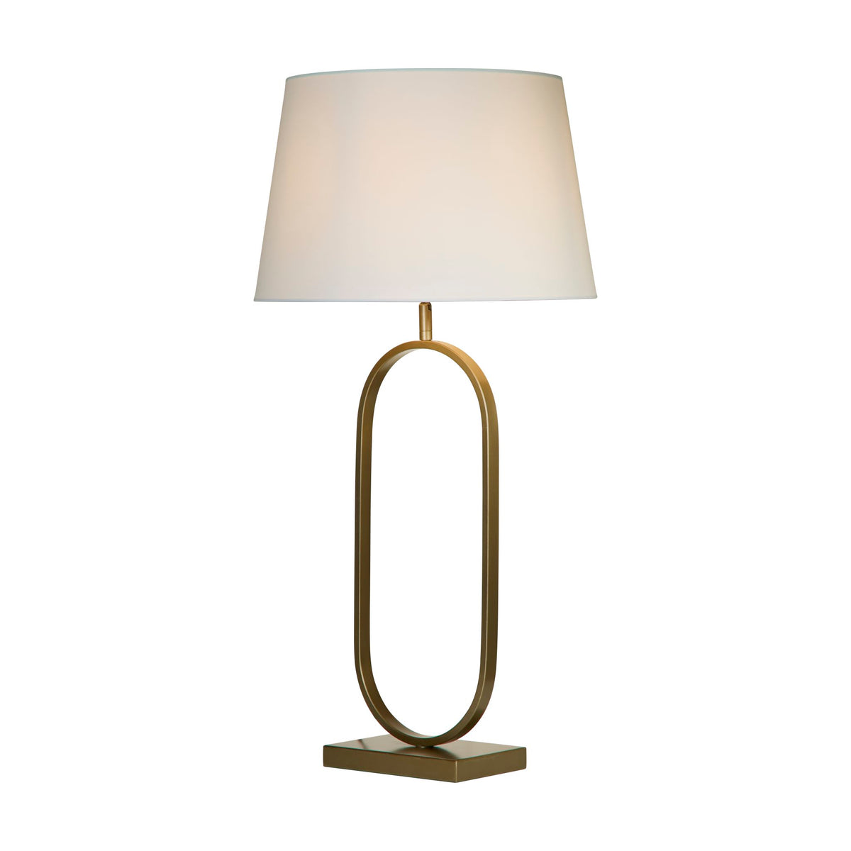 Modish bronze table lamp lit with a white tapered cotton shade on a slim oval hoop base
