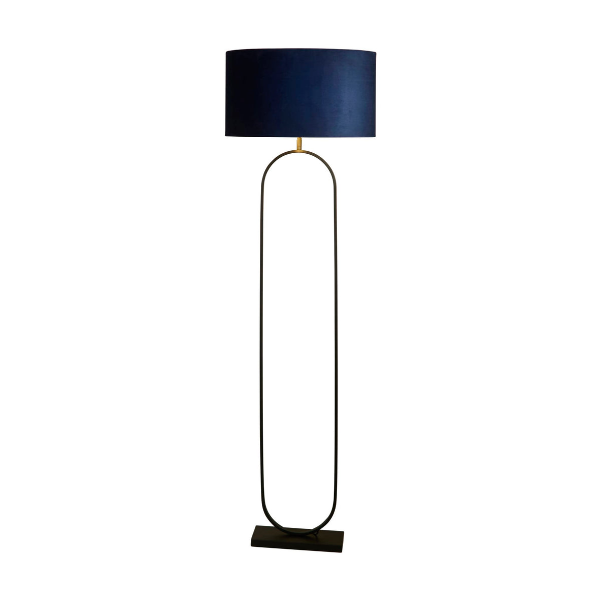 Modish matt black floor lamp lit with a wide navy velvet drum shade on an oval hoop frame
