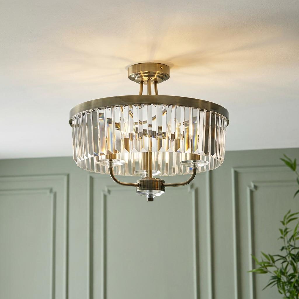 Antique brass and clear cut glass semi-flush ceiling light illuminated against a green panelled wall.
