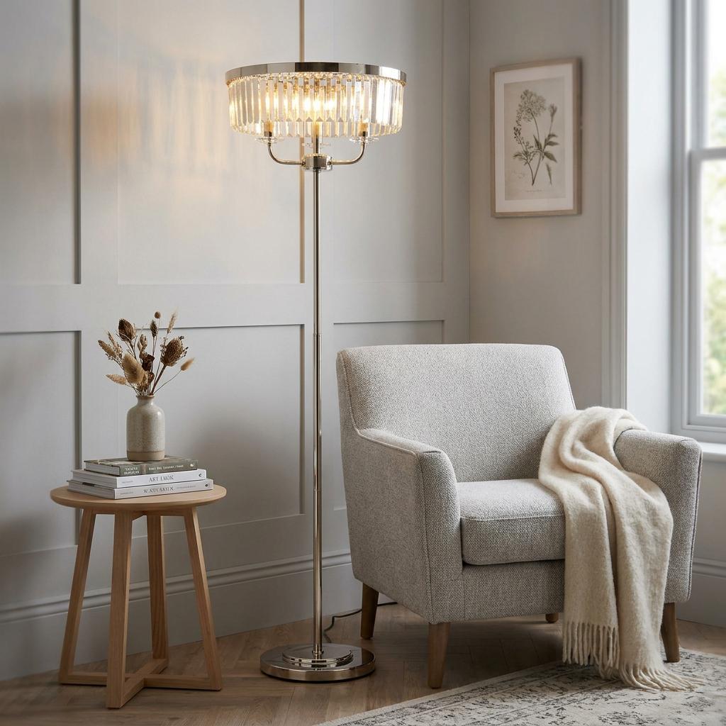 Ealing nickel floor lamp with crystal glass shade standing next to a grey armchair in a paneled living room.