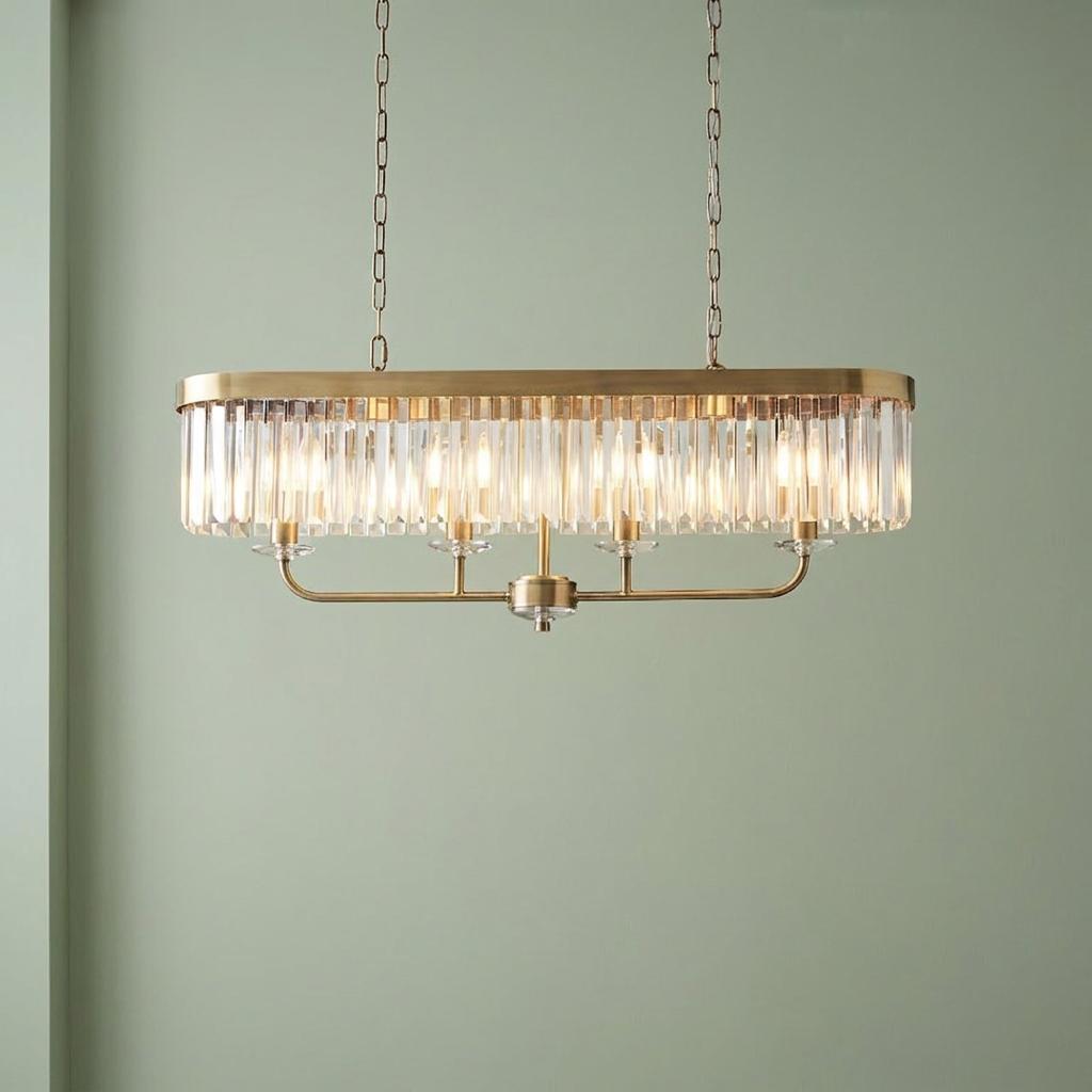 Brass linear ceiling pendant with faceted glass rods and candle bulbs hanging against a light green wall.