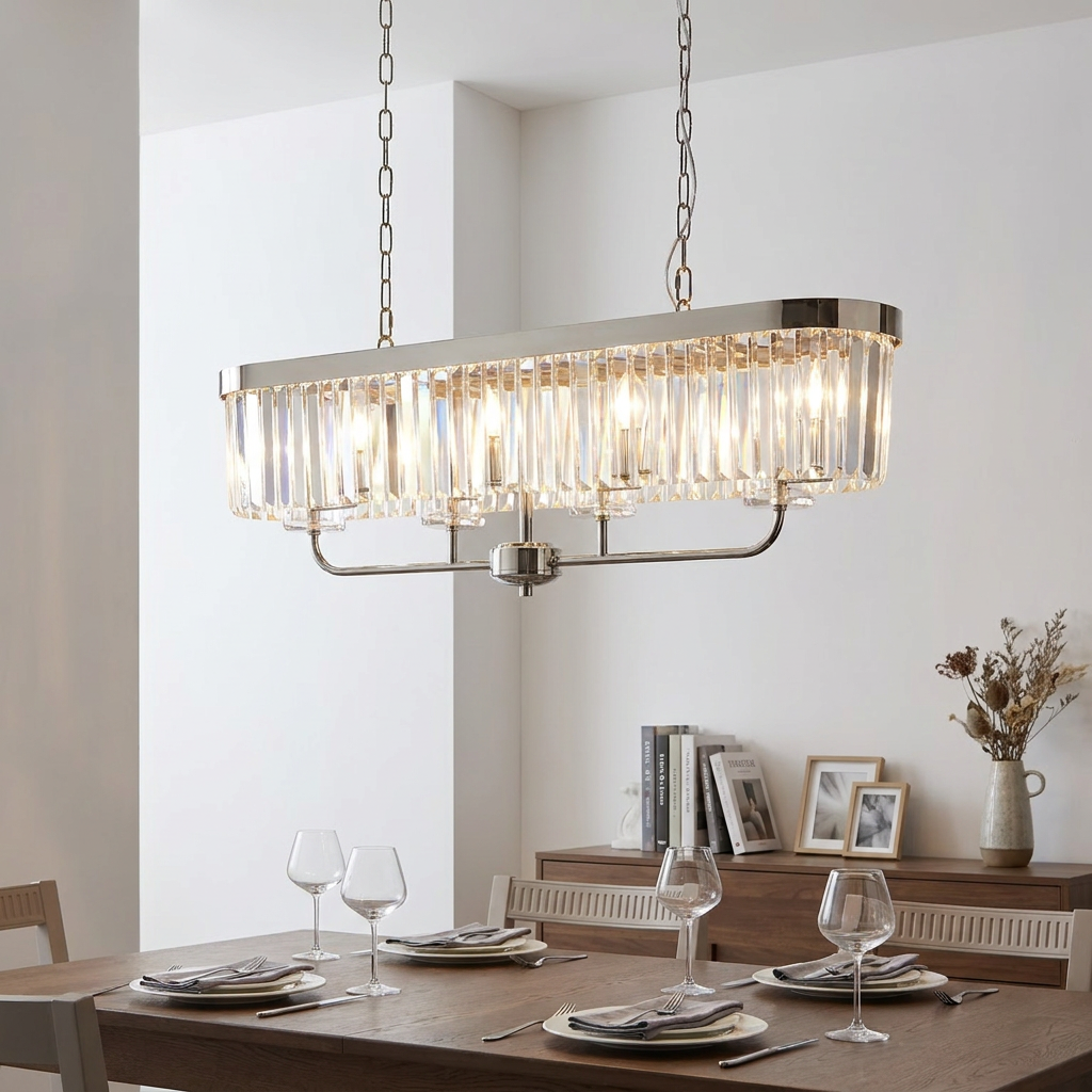 Ealing nickel 4-light linear ceiling pendant with cut faceted glass hanging over a set dining table.