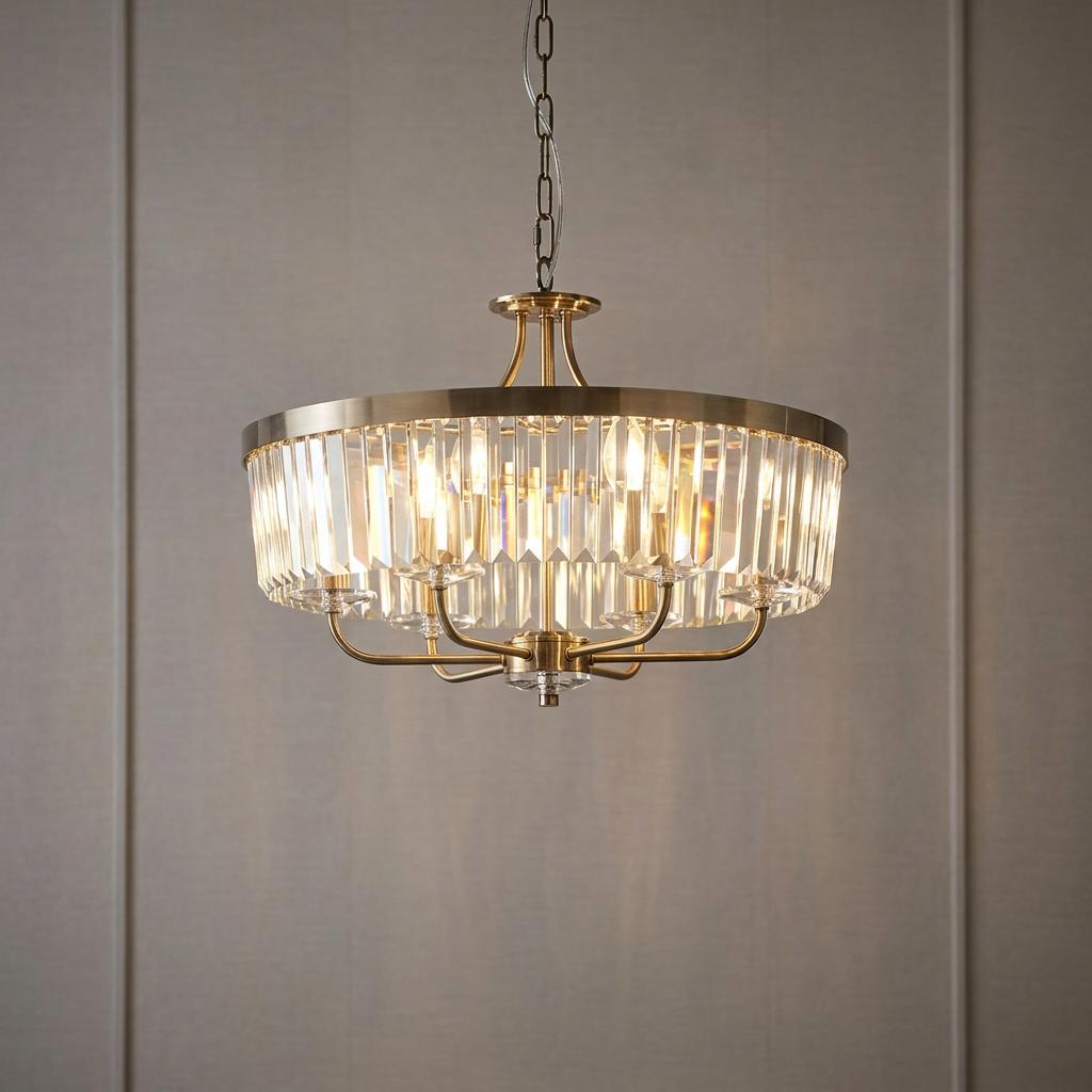 A 6-light brass and clear cut glass pendant chandelier hanging against a neutral paneled wall.