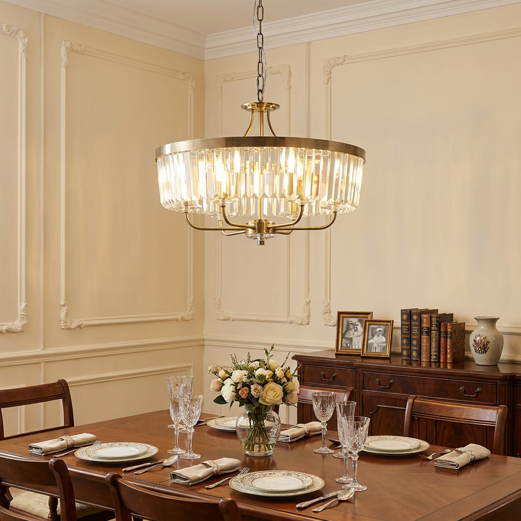 Ealing Round 6 light brass and clear cut glass pendant hanging over a classic dining table in a neutral room.