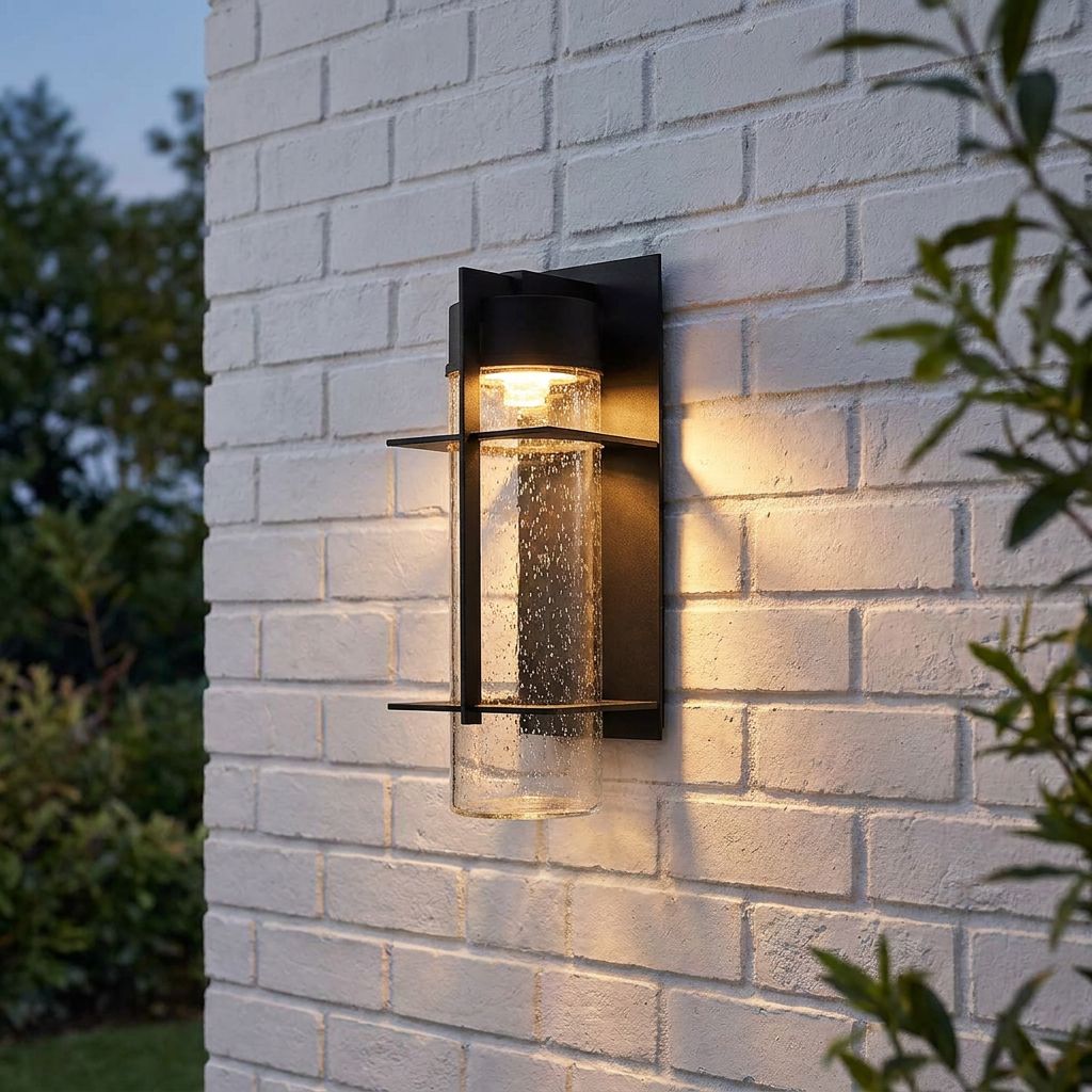 Modern black LED outdoor wall lantern with seeded glass cylinder mounted on a white brick wall.