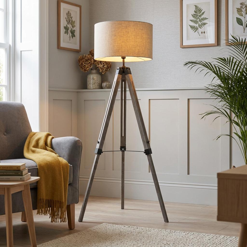 Easel washed brown tripod floor lamp with a linen shade next to a grey armchair in a neutral living room.