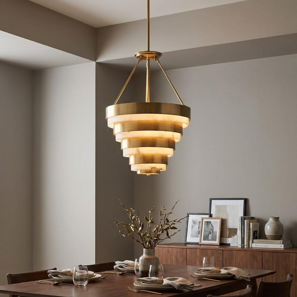Tiered brass and alabaster pendant light hanging above a wooden dining table in a modern interior.