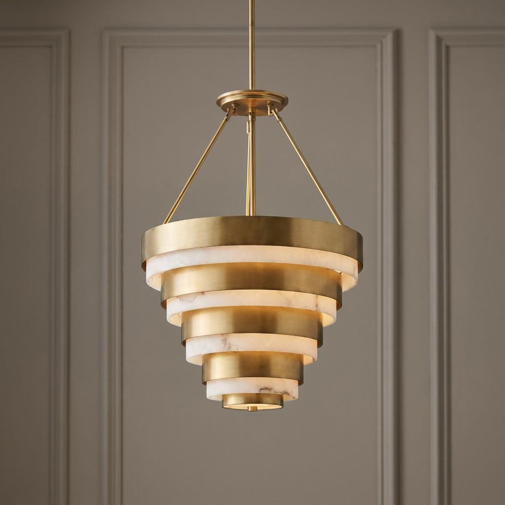 Tiered brass and marble conical ceiling pendant light illuminated against a neutral paneled wall.