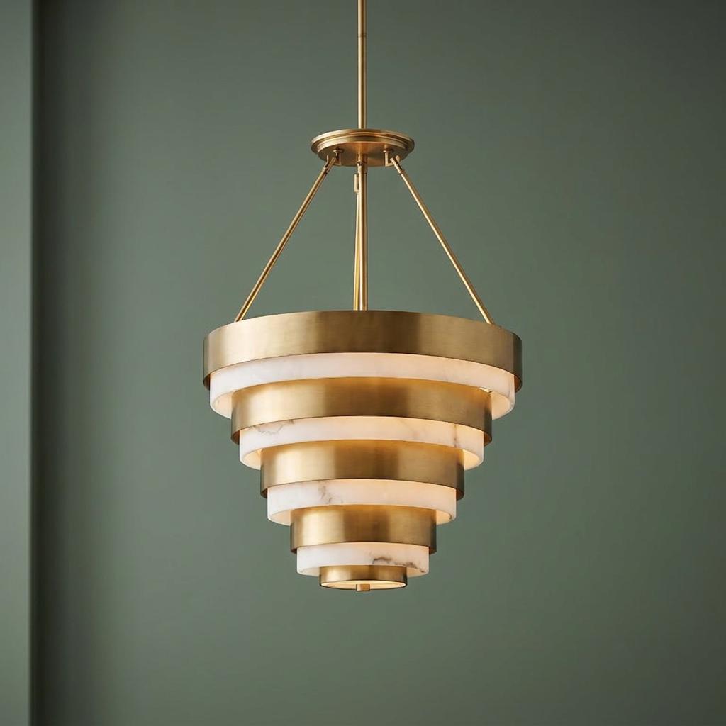 A tiered brass pendant light with glowing marble bands hangs against a dark green wall.