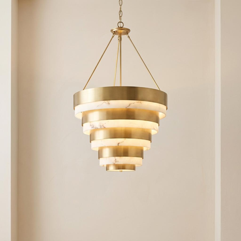 Elegant tiered pendant light with alternating brass and marble bands hanging in a minimalist alcove.