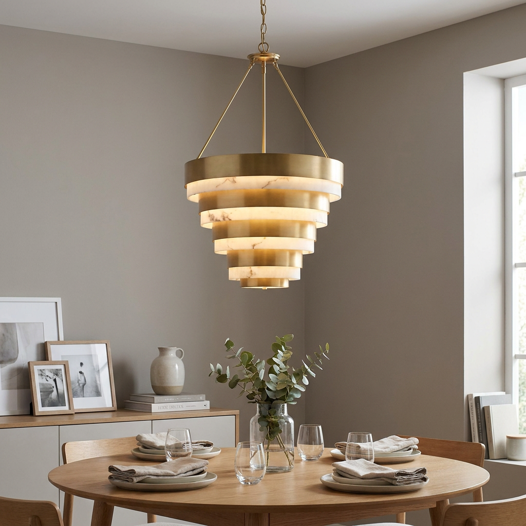 Tiered brass and alabaster pendant light illuminates a set dining table in a contemporary dining room.