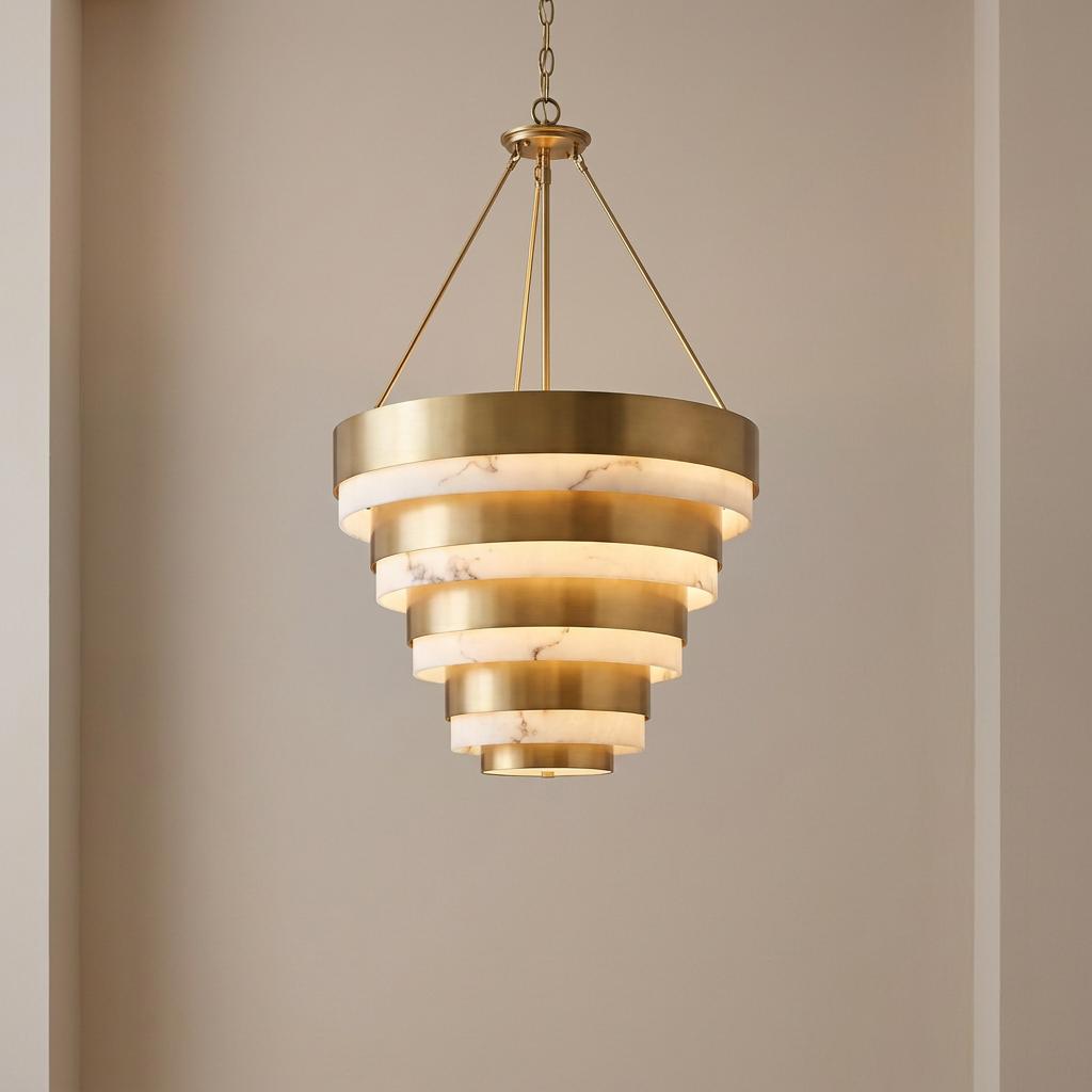 Tiered brass and marble ceiling pendant light hanging in a neutral-colored alcove.