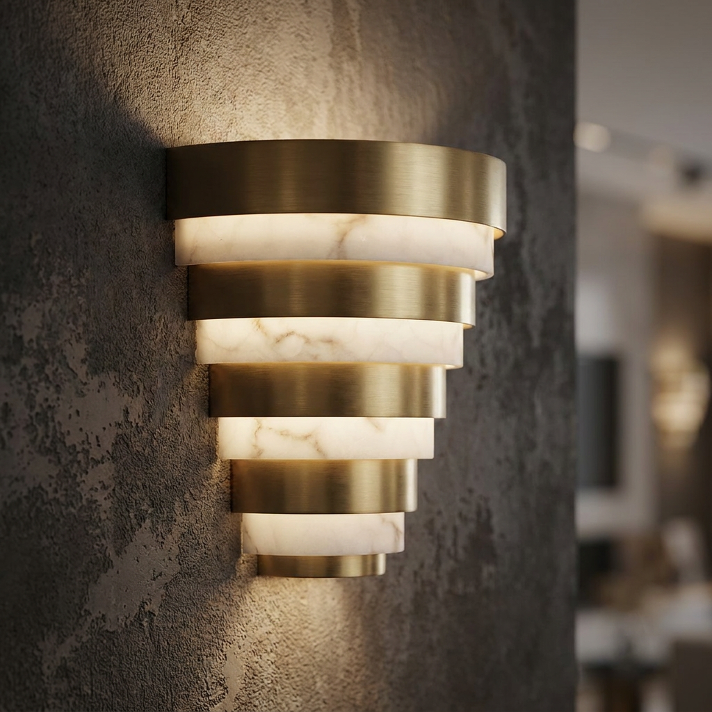 Tiered antique brass and marble wall sconce emitting warm light against a dark textured wall.