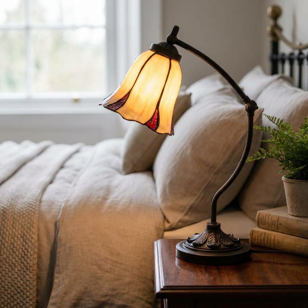 Edinburgh Tiffany Swan Neck Bedside Lamp with a tulip glass shade on a wooden nightstand in a cozy bedroom.