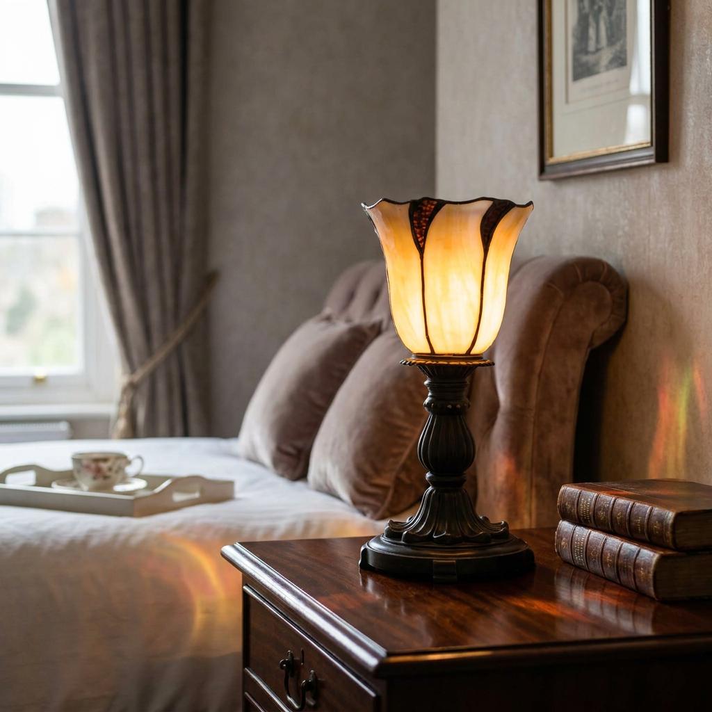 Tiffany bedside lamp with a glowing cream scalloped glass shade on a wooden nightstand in a bedroom.