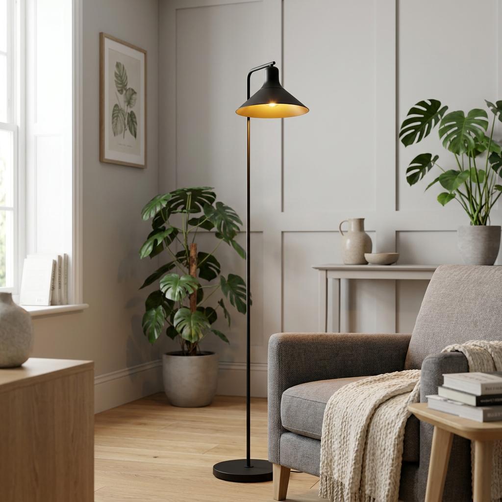 Modern black metal floor lamp with a gold interior shade standing next to a grey armchair in a cozy living room.