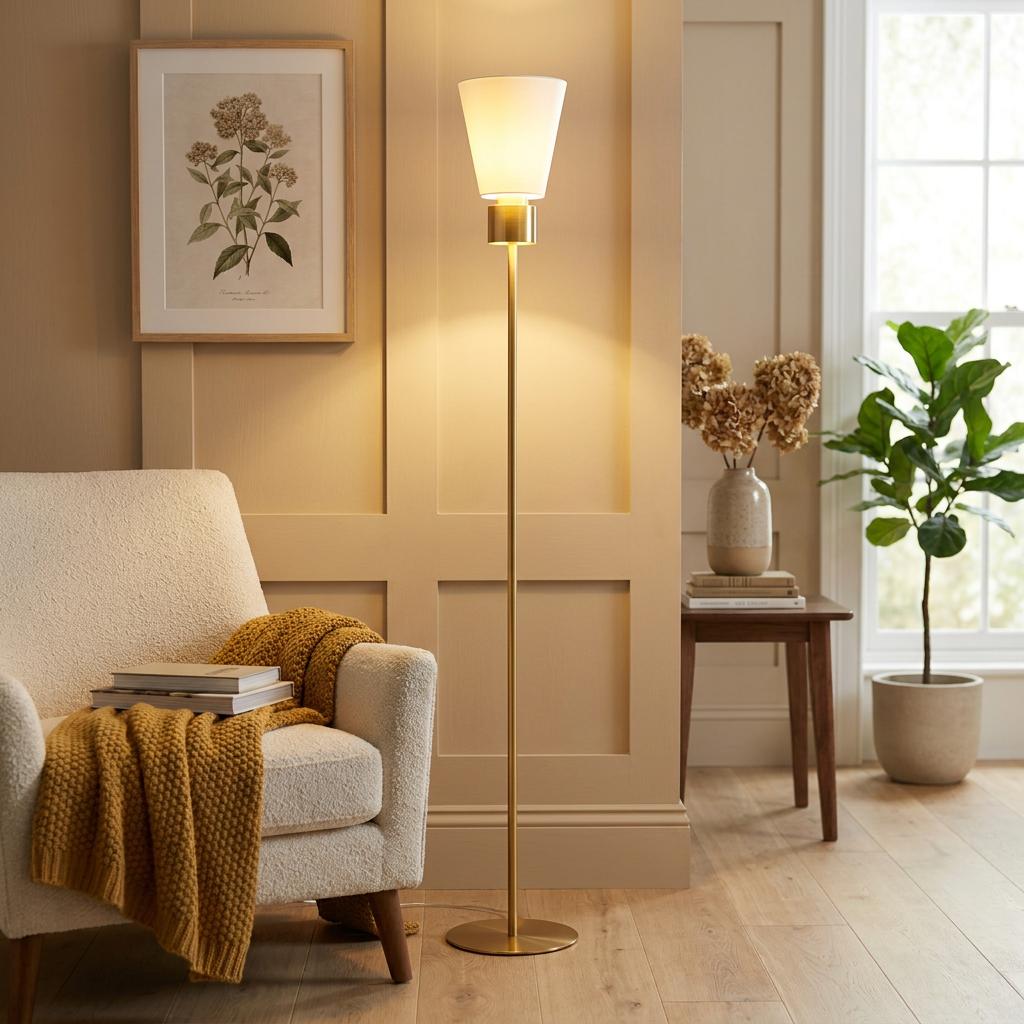 Eglo Aglientina brass floor lamp with a glowing white fabric shade in a cozy living room next to an armchair.