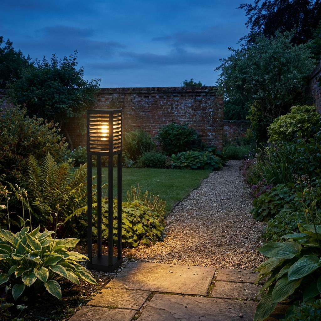 Black cuboid bollard light illuminates a lush garden path with a warm glow at twilight.