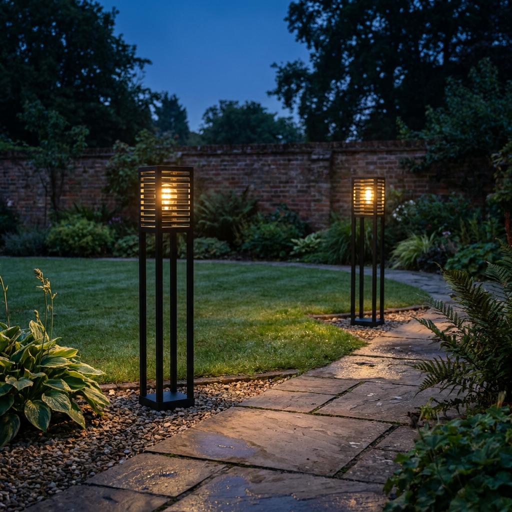 Two black slatted bollard lights illuminate a stone garden path at twilight.