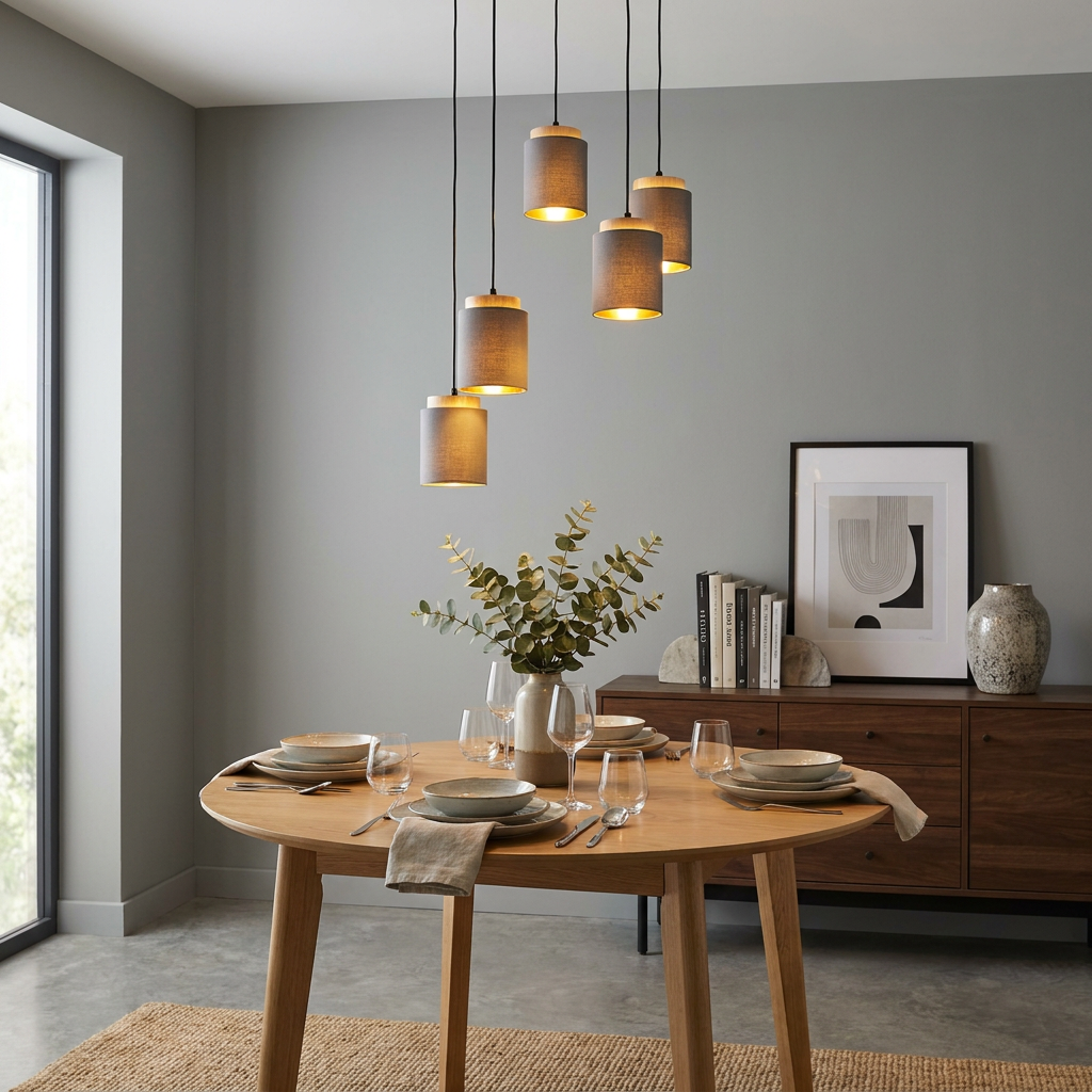 Eglo Albariza 5-light ceiling pendant with gray fabric shades and gold lining hanging over a wooden dining table.