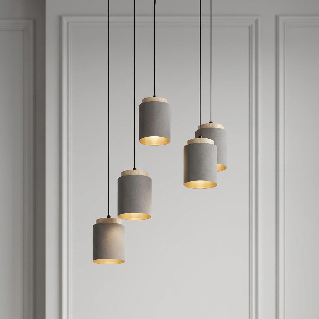 Eglo Albariza 5-light ceiling pendant with grey fabric shades and gold interiors hanging at staggered heights.