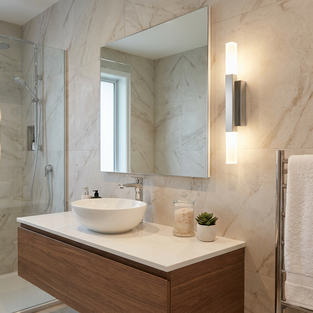 Modern chrome LED bathroom wall light with frosted cylinders mounted on a marble wall beside a mirror.