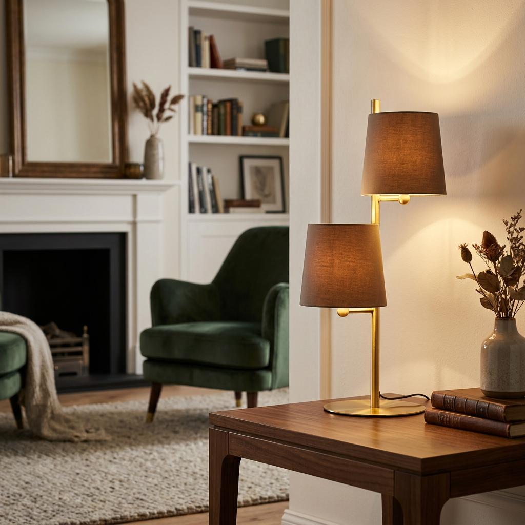Brass table lamp with two brown fabric shades on a side table in a warm living room with a green velvet chair.
