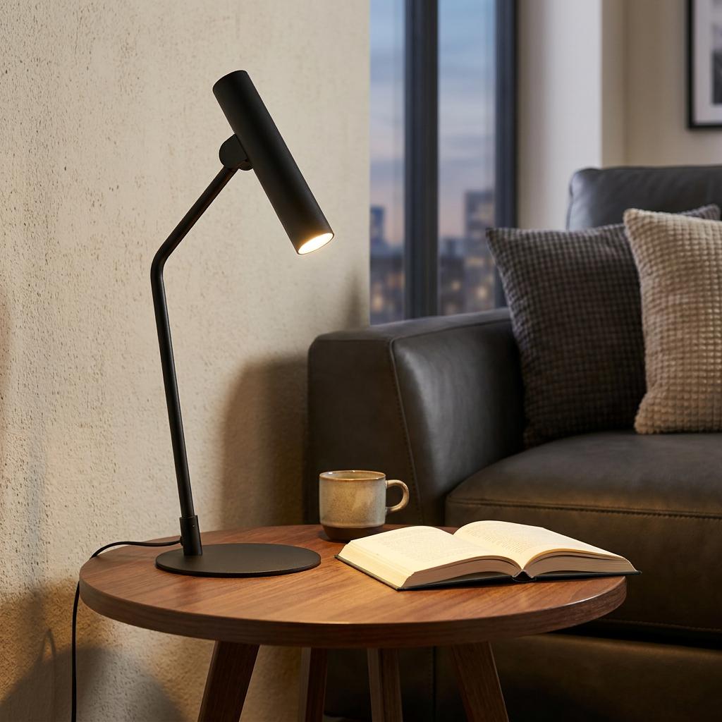 Modern black LED table lamp illuminating an open book on a wooden side table next to a leather sofa.