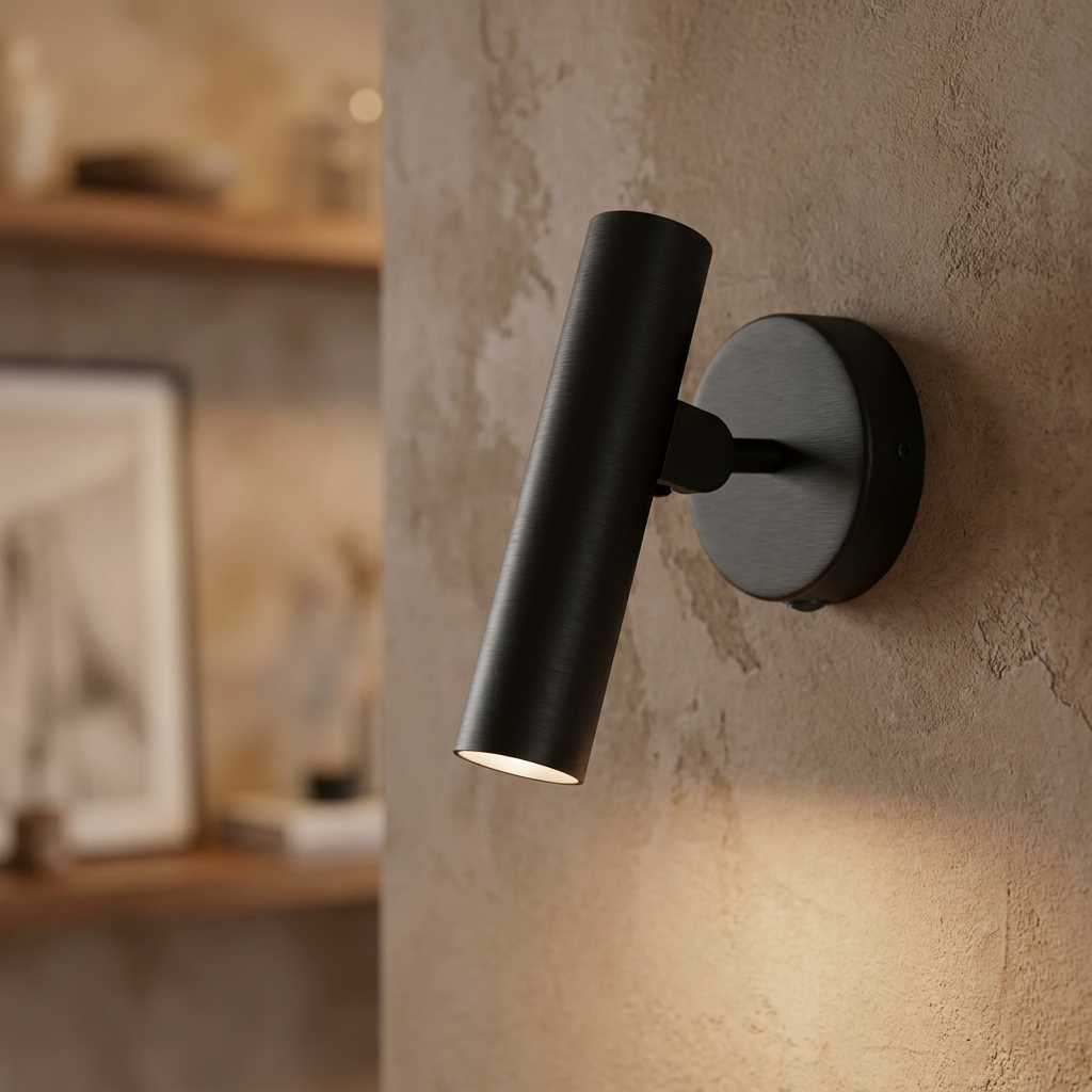 Eglo Almudaina black tube-shaped LED wall light mounted on a textured beige wall, illuminating downwards.