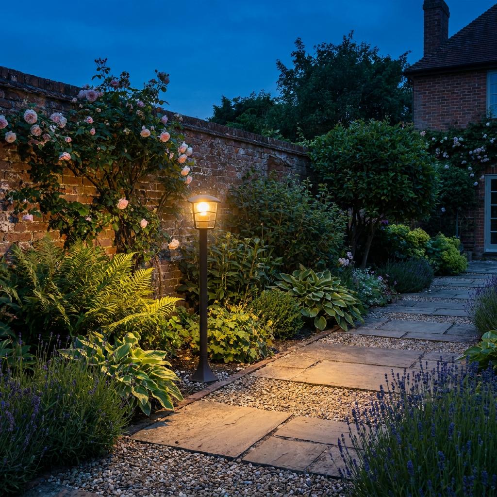 Black bollard light illuminating a stone garden path lined with lush greenery and roses at dusk.
