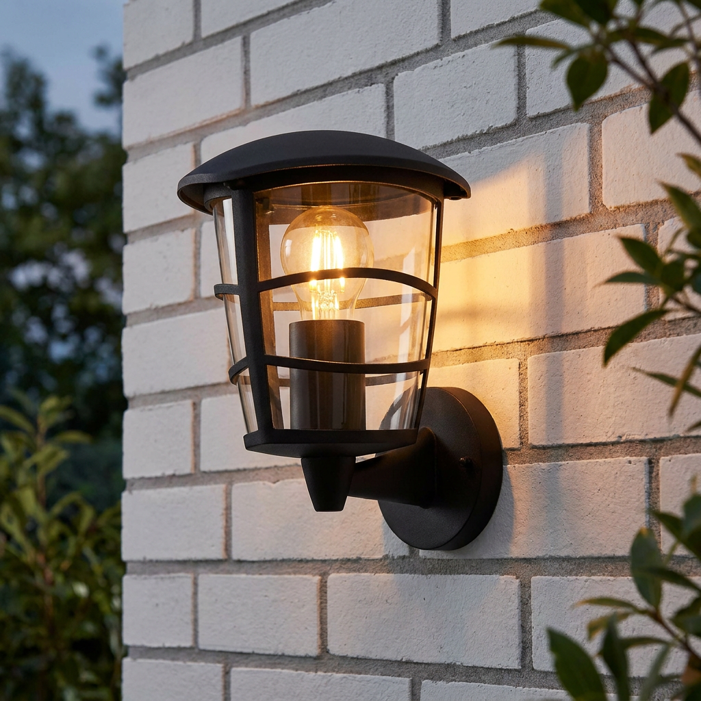 Eglo Aloria black upright lantern outdoor wall light with a glowing bulb mounted on a white brick wall.