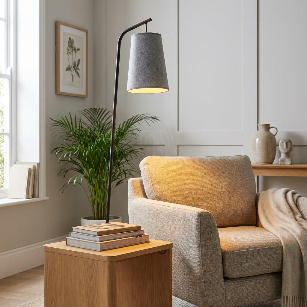 Eglo Alsager floor lamp with a grey felt shade illuminating a cozy armchair in a neutral living room.