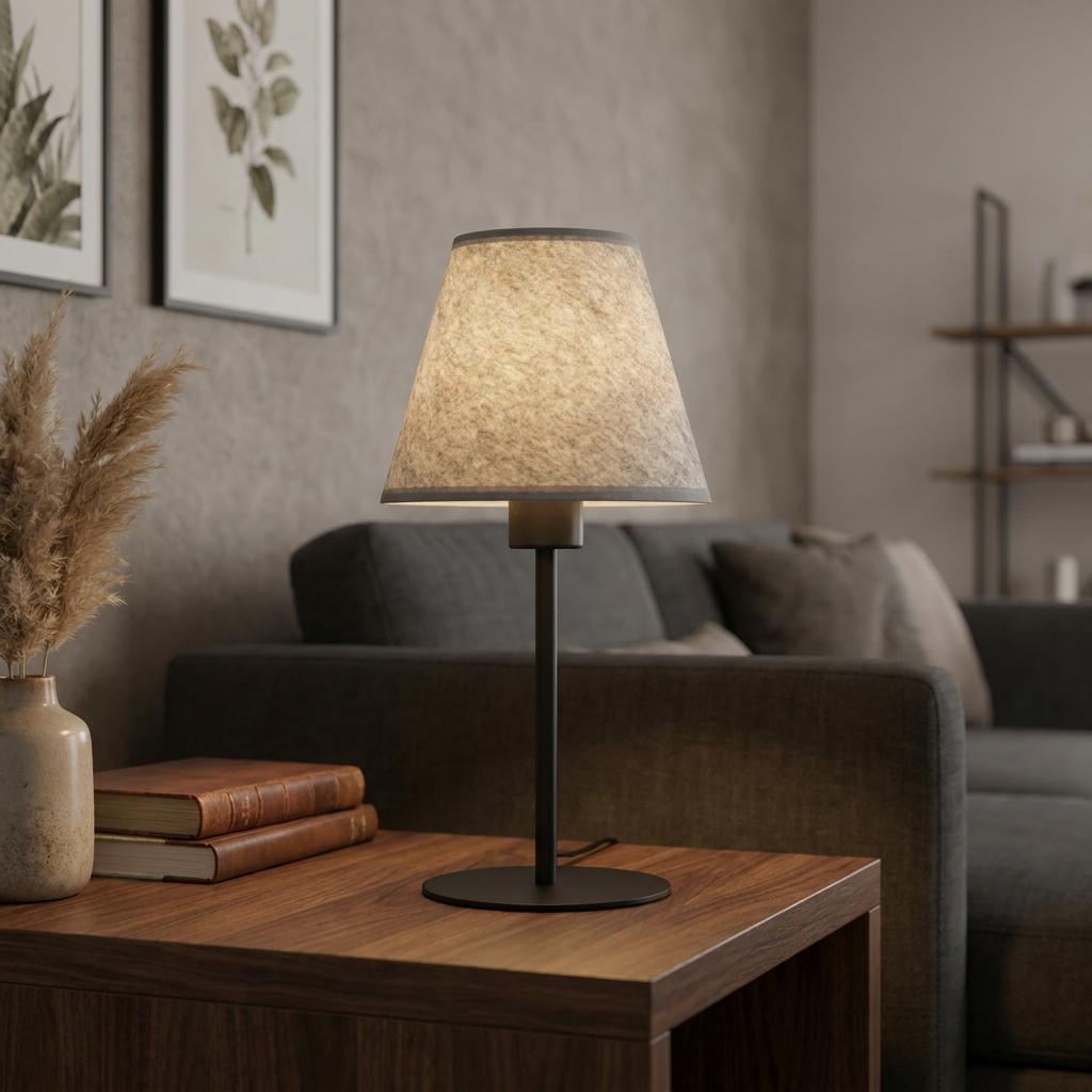 Eglo Alsager black table lamp with a textured grey felt shade lit on a wooden side table in a living room.
