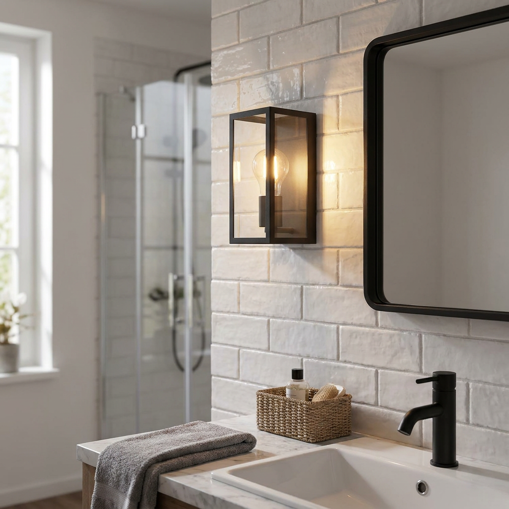 Modern black rectangular wall light with a glowing bulb on white subway tiles next to a bathroom mirror.