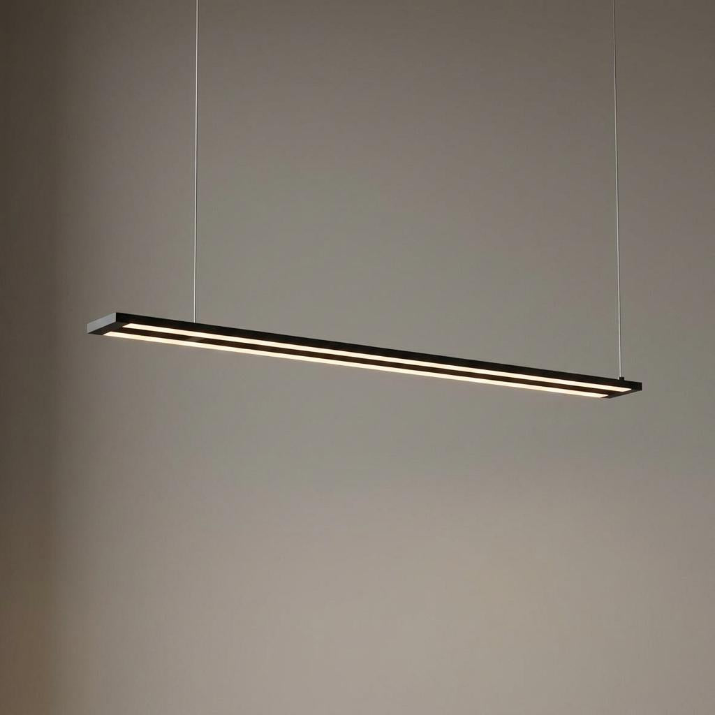 Modern black linear LED pendant light with a minimalist design suspended against a neutral background.