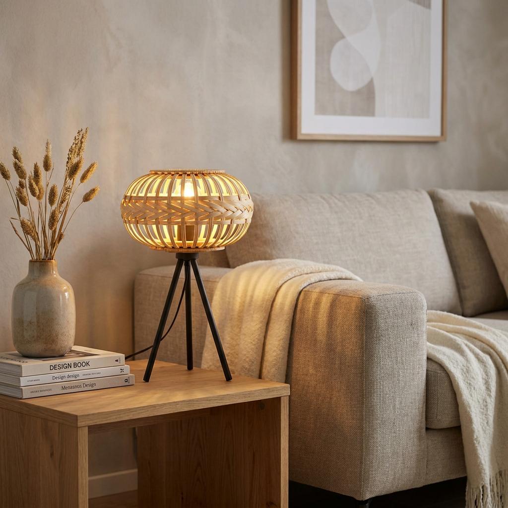 Eglo Amsfield bamboo wicker tripod table lamp glowing on a wooden side table in a cozy neutral living room.