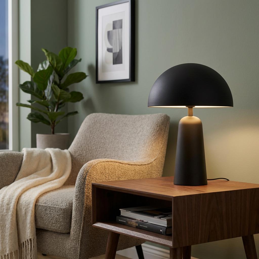 Eglo Aranzola black domed table lamp on a wooden side table beside a grey armchair in a living room.