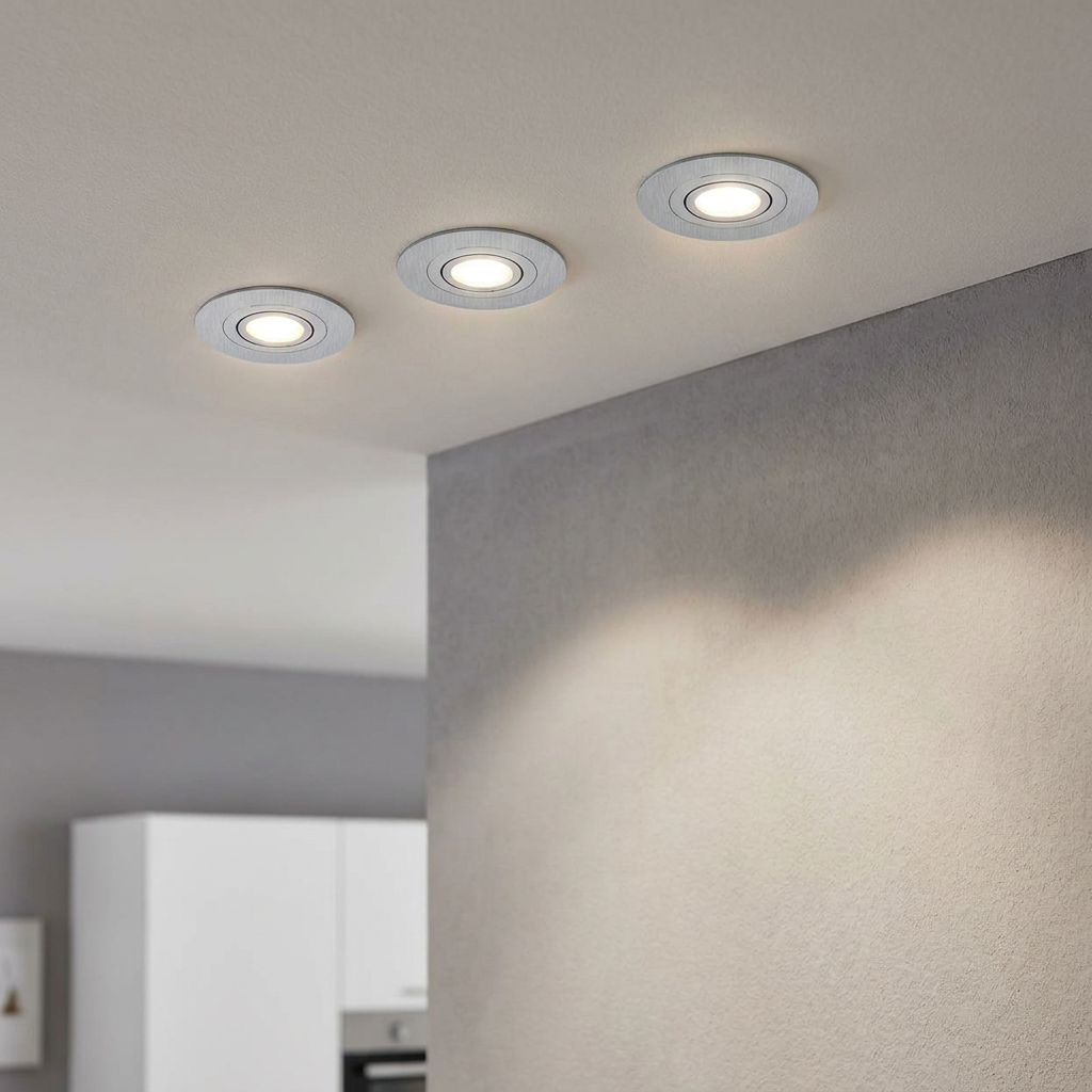 Set of three round aluminum recessed spotlights in a ceiling illuminating a grey textured wall.