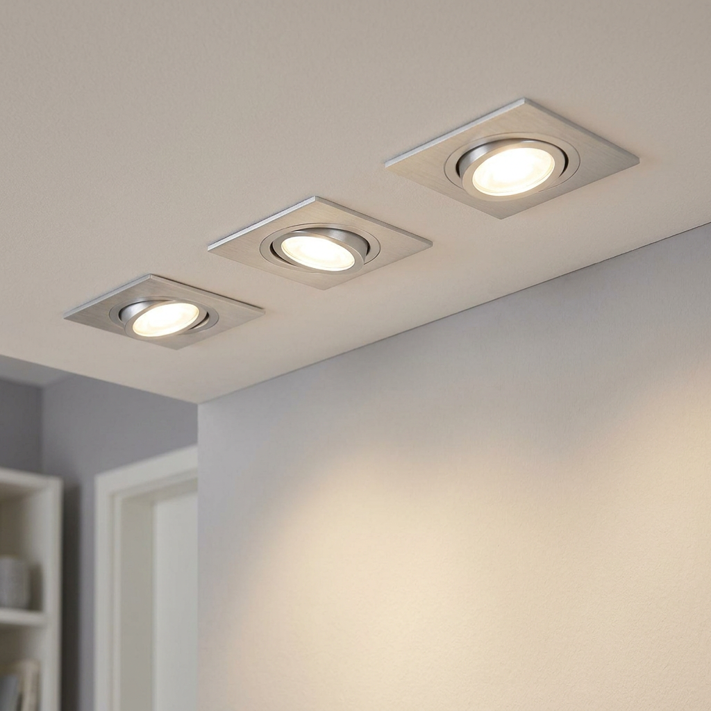 Three square aluminium recessed downlights installed in a ceiling and illuminated.
