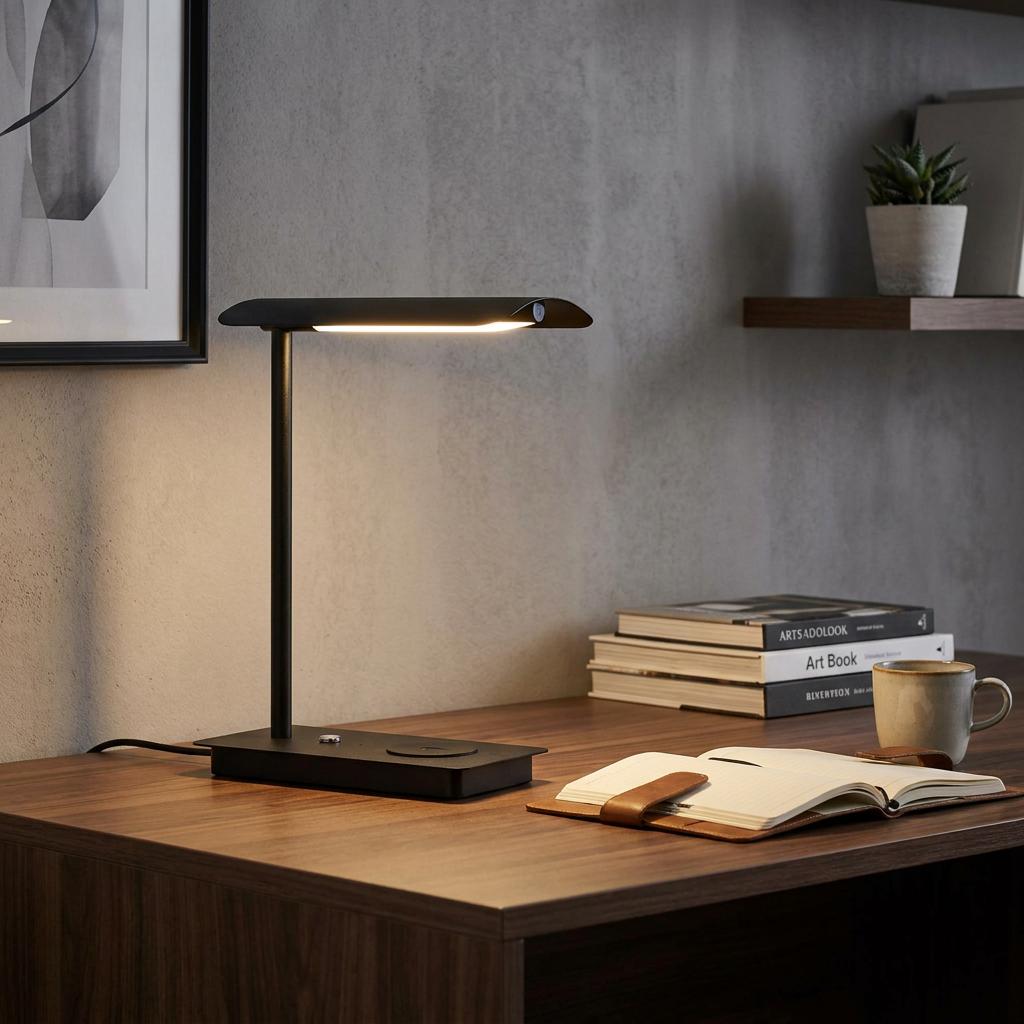 Modern black LED touch lamp illuminates a wooden desk with a notebook and books against a textured wall.