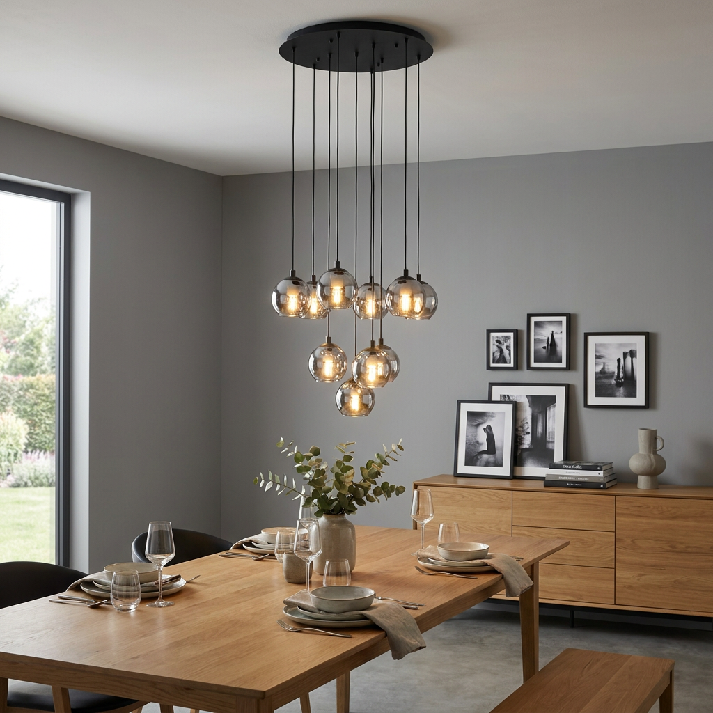 Eglo Ariscani 10-light pendant with vaporised glass globes hanging above a wooden dining table in a modern room.