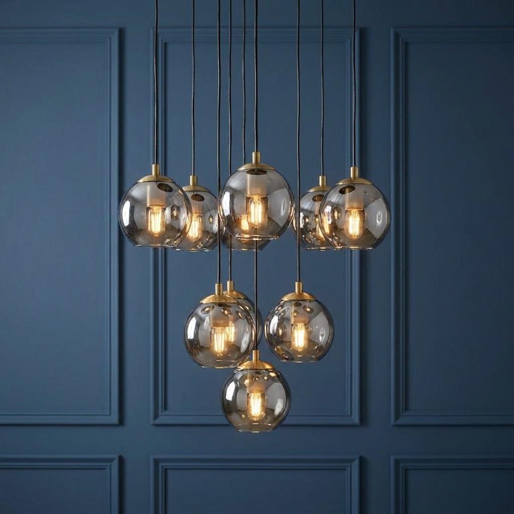 Ten-light cluster pendant with smoked glass globes and brass fittings against a dark blue paneled wall.
