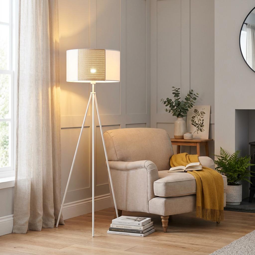 White tripod floor lamp with a paper and seagrass shade illuminating a cozy living room corner with an armchair.