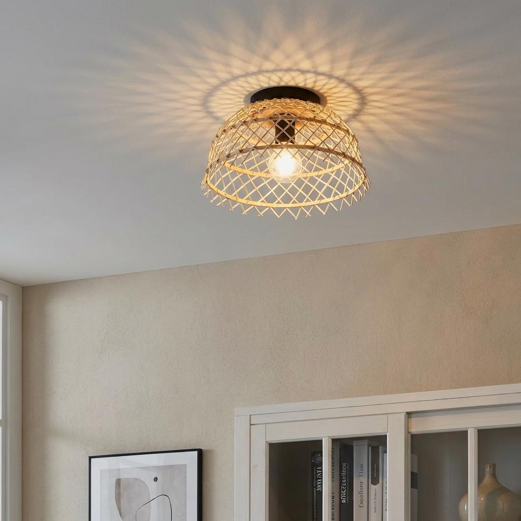 Eglo Ausnby flush ceiling light with a natural wood lattice shade casting geometric shadows on a white ceiling.