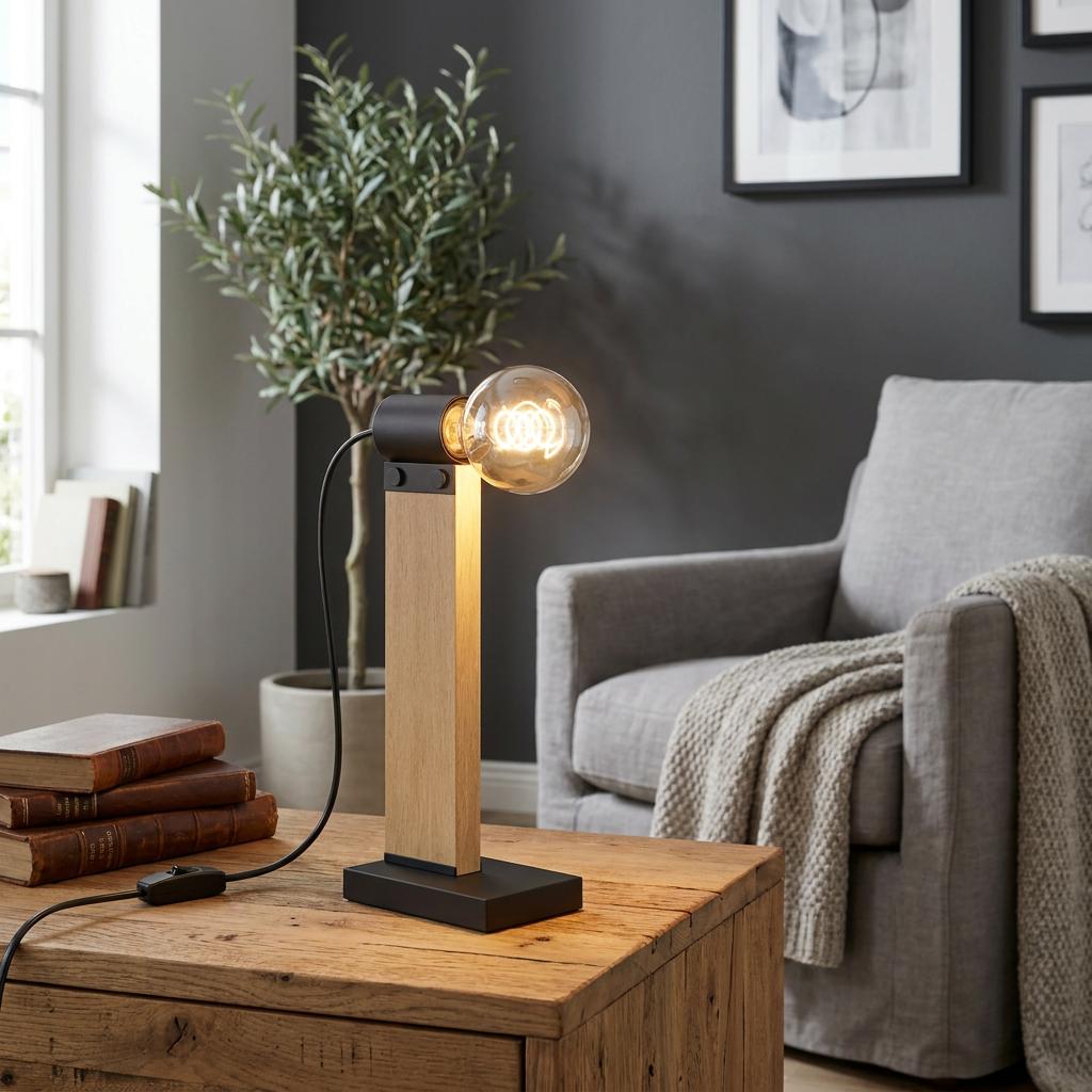 Modern wood and black metal table lamp with an exposed filament bulb on a rustic table in a living room.