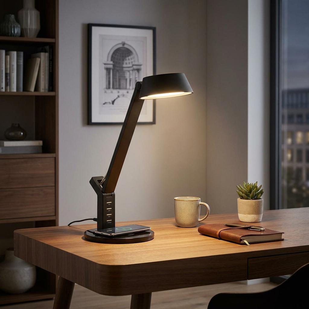 Black LED touch table lamp with wireless charging on a wooden desk next to a mug and notebook.